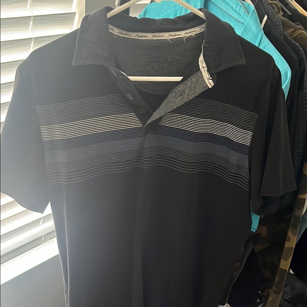 Black Polo Shirt with Horizontal Stripes and Textured Fabric